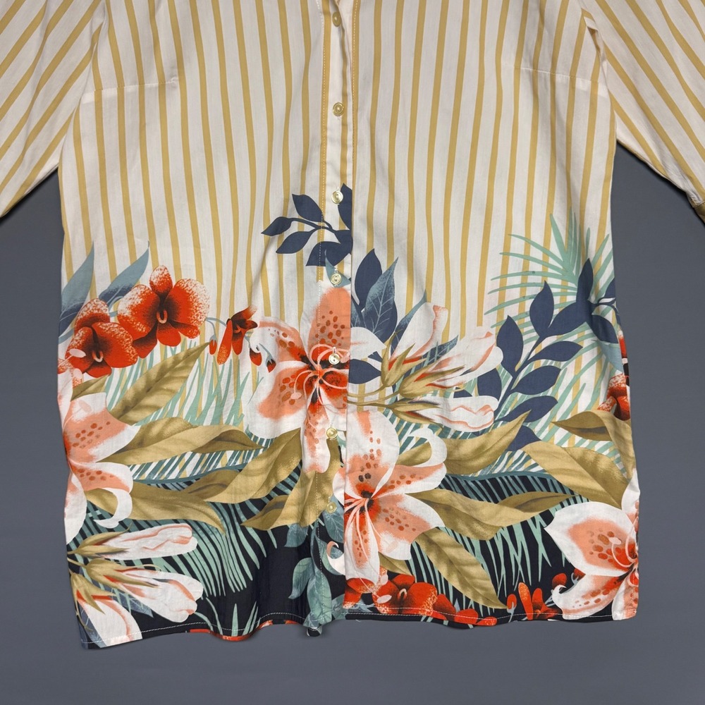 Soft Surroundings Yellow Striped Tropical Floral Tunic Shirt Petite Medium PM - Picture 4 of 6